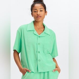 Fabletics Island Terry Boxy Button Up green tropical water NWT